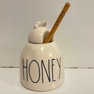 Rae Dunn Ceramic Honey Pot Jar with Wooden Dipper Has A Bee On Top of Lid